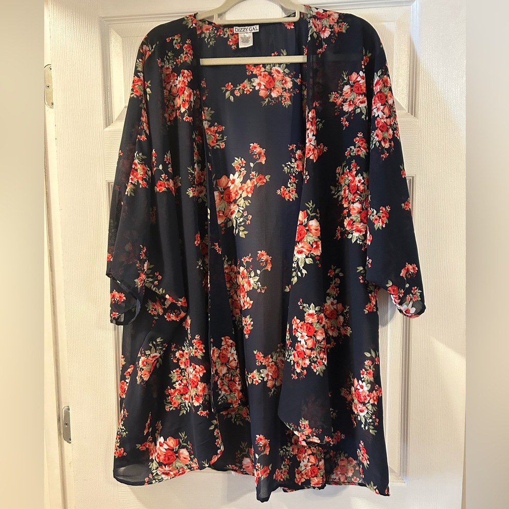 Navy Blue Kimono with Pink Flowers - 3X